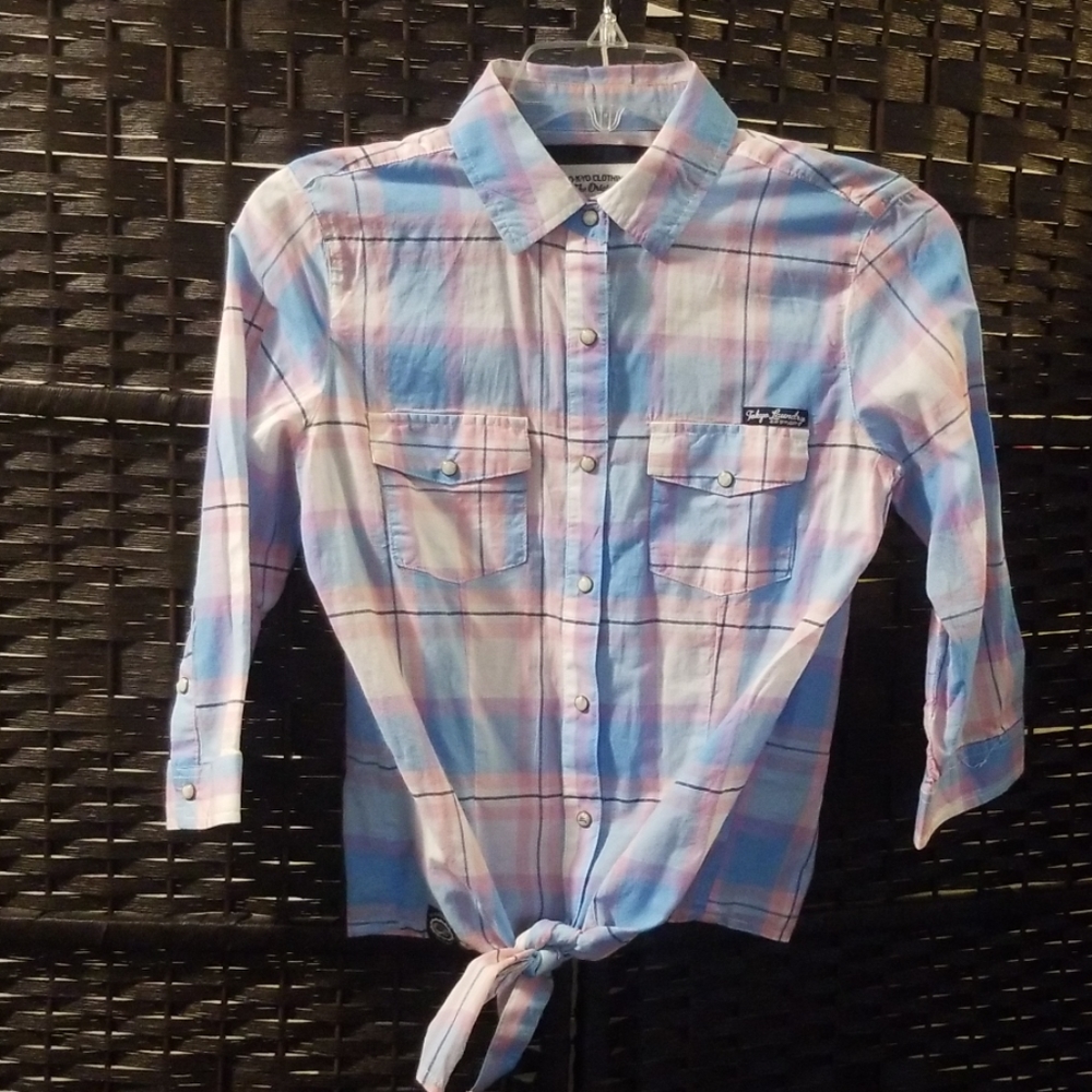 (🏷2/30)Blue Tokyo Laundry Plaid 3/4 Sleeve Shirt